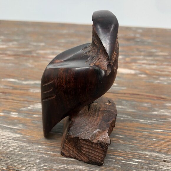 Vintage Hand Carved Ironwood Eagle On Pedestal Statue Falcon Bird Of Pray 3.5" - Picture 4 of 8